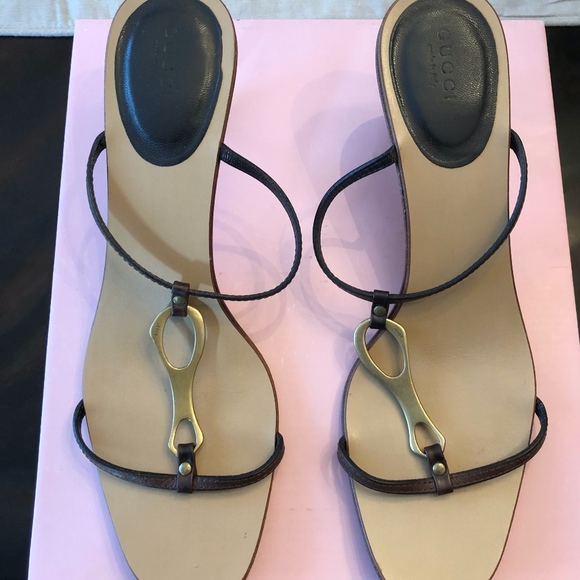 Gucci Shoes - *GUCCI* - Tan x Brown Leather Strap Slide Sandals